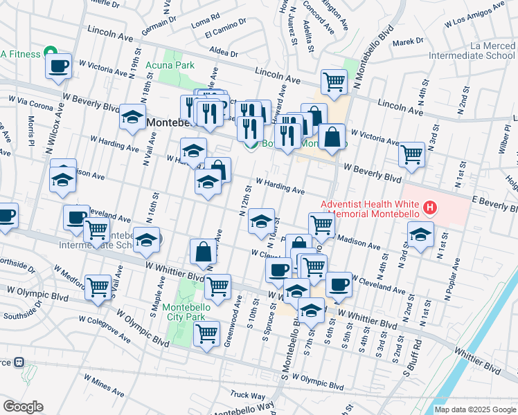 map of restaurants, bars, coffee shops, grocery stores, and more near 320 North 12th Street in Montebello
