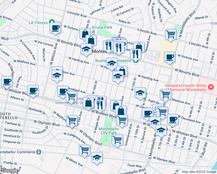 map of restaurants, bars, coffee shops, grocery stores, and more near 1505 West Madison Avenue in Montebello