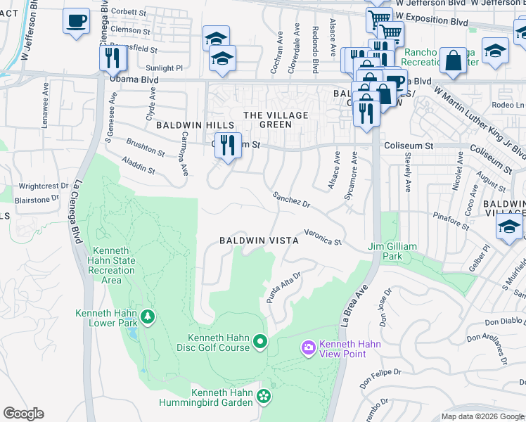 map of restaurants, bars, coffee shops, grocery stores, and more near 3903 South Cloverdale Avenue in Los Angeles