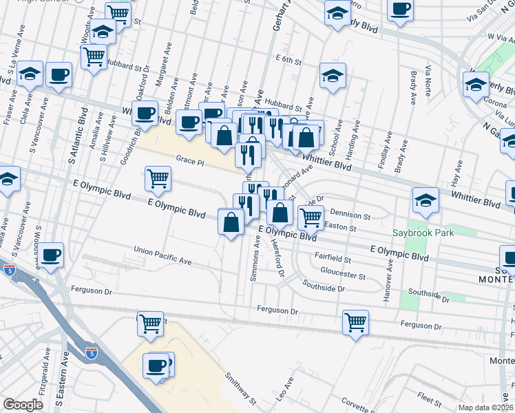 map of restaurants, bars, coffee shops, grocery stores, and more near 1039 Simmons Avenue in East Los Angeles