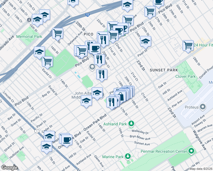 map of restaurants, bars, coffee shops, grocery stores, and more near 1711 Cedar Street in Santa Monica