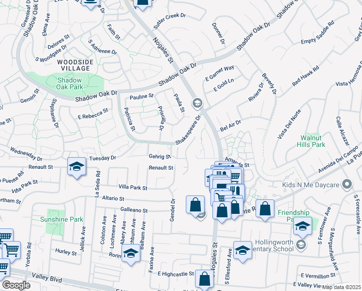 map of restaurants, bars, coffee shops, grocery stores, and more near 3418 Fionna Place in West Covina