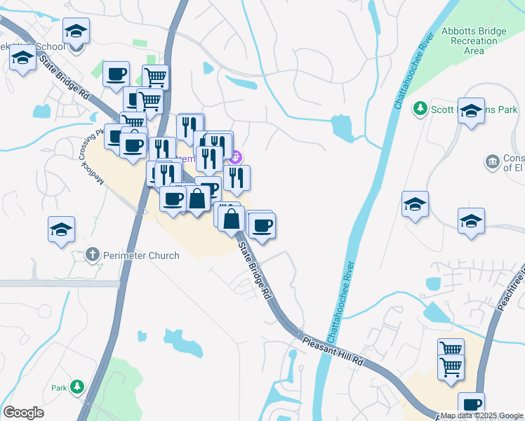 map of restaurants, bars, coffee shops, grocery stores, and more near 6005 State Bridge Road in Johns Creek