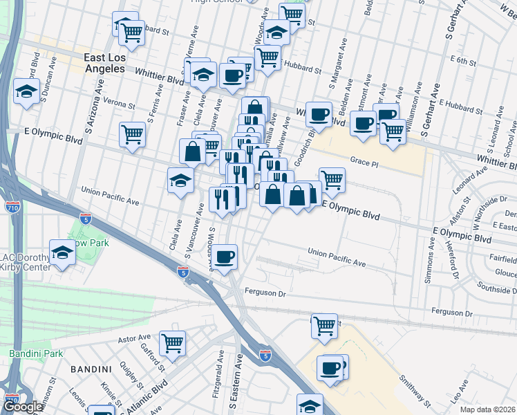 map of restaurants, bars, coffee shops, grocery stores, and more near 1221 Amalia Avenue in East Los Angeles