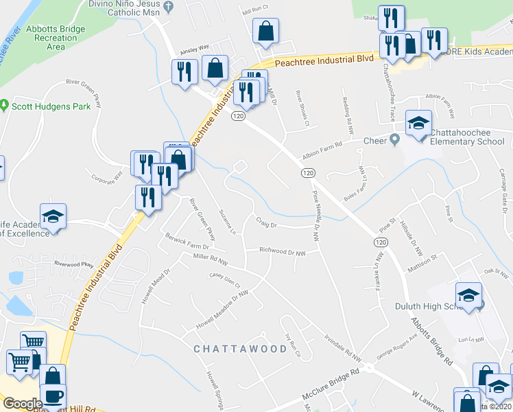 map of restaurants, bars, coffee shops, grocery stores, and more near 4105 Rogers Creek Court in Duluth