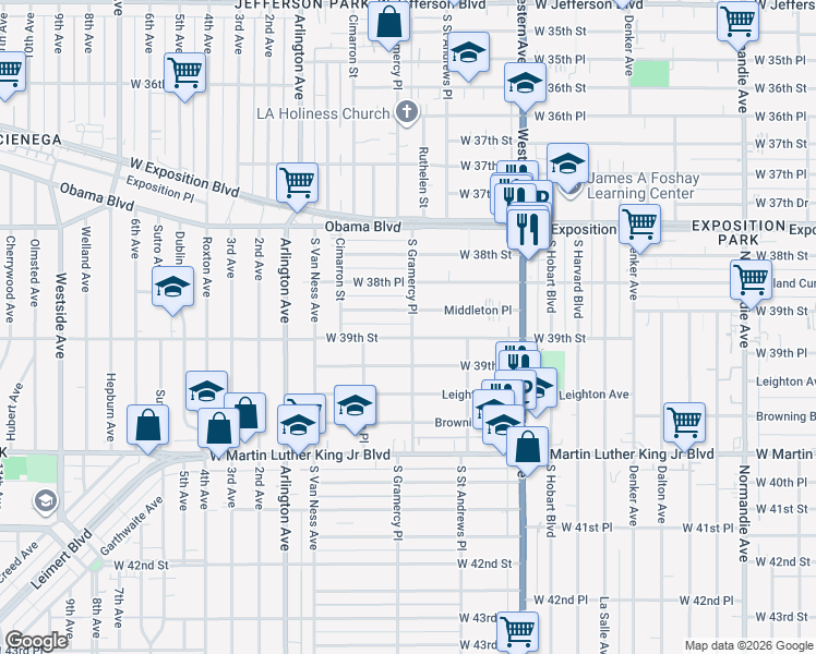 map of restaurants, bars, coffee shops, grocery stores, and more near 3881 South Gramercy Place in Los Angeles