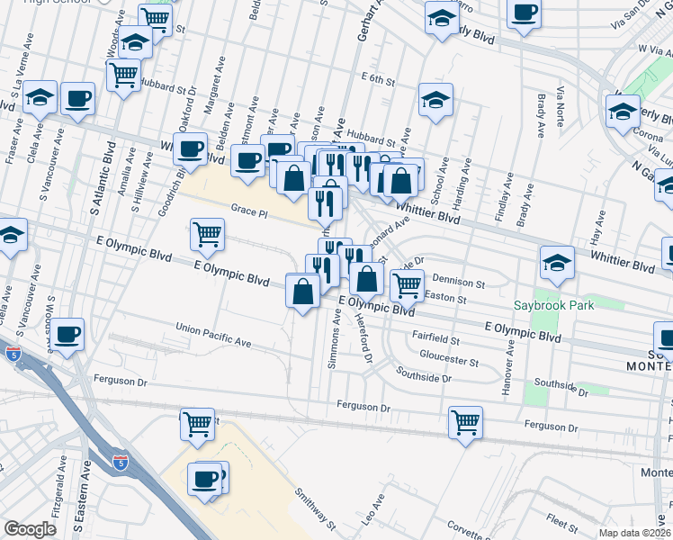 map of restaurants, bars, coffee shops, grocery stores, and more near 1039 Simmons Avenue in East Los Angeles
