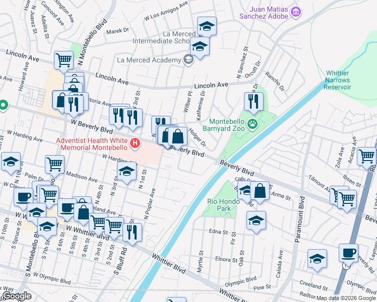 map of restaurants, bars, coffee shops, grocery stores, and more near 240 Beverly Boulevard in Montebello