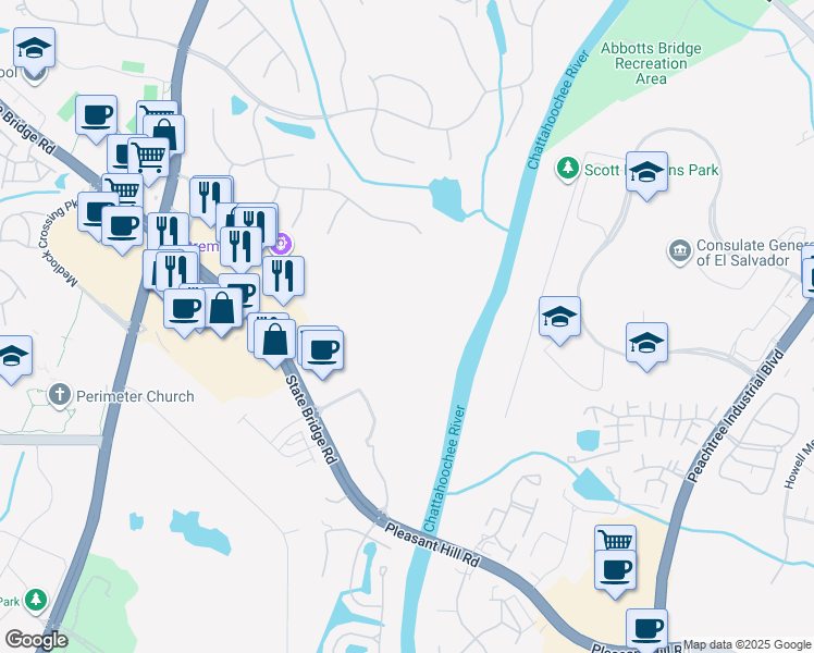 map of restaurants, bars, coffee shops, grocery stores, and more near 6015 State Bridge Road in Johns Creek