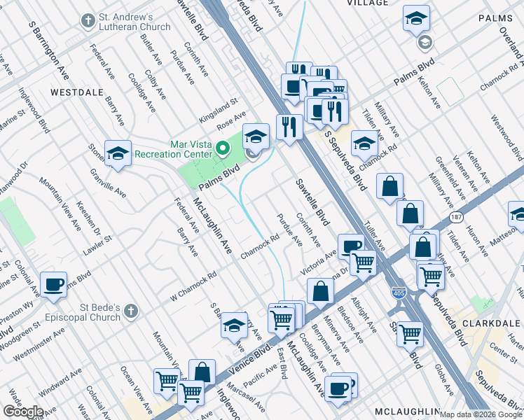 map of restaurants, bars, coffee shops, grocery stores, and more near 3520 Butler Avenue in Los Angeles