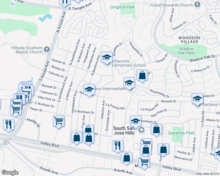 map of restaurants, bars, coffee shops, grocery stores, and more near 17955 Wellford Drive in La Puente