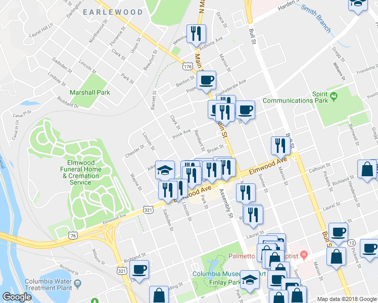 map of restaurants, bars, coffee shops, grocery stores, and more near 2211 Clark Street in Columbia