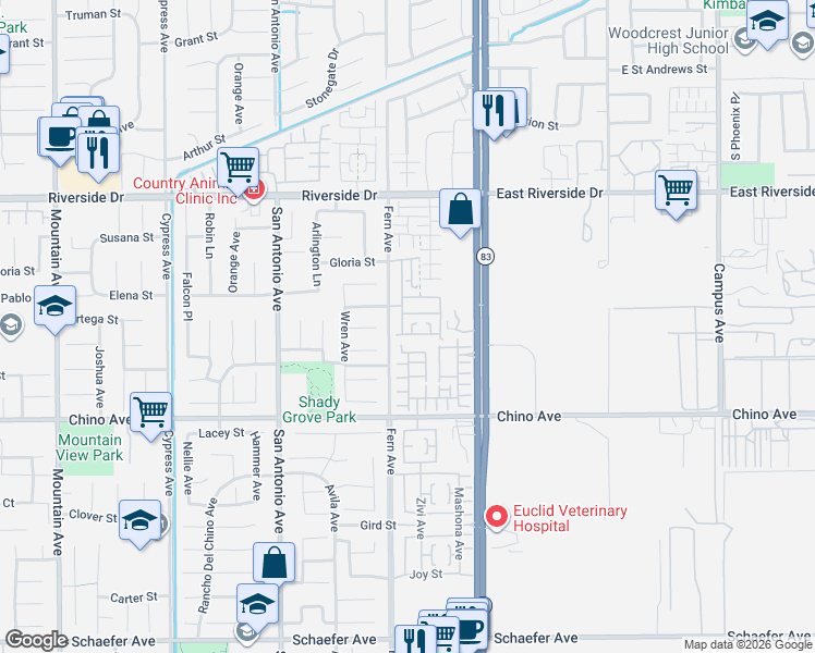 map of restaurants, bars, coffee shops, grocery stores, and more near 13102 Melon Avenue in Chino