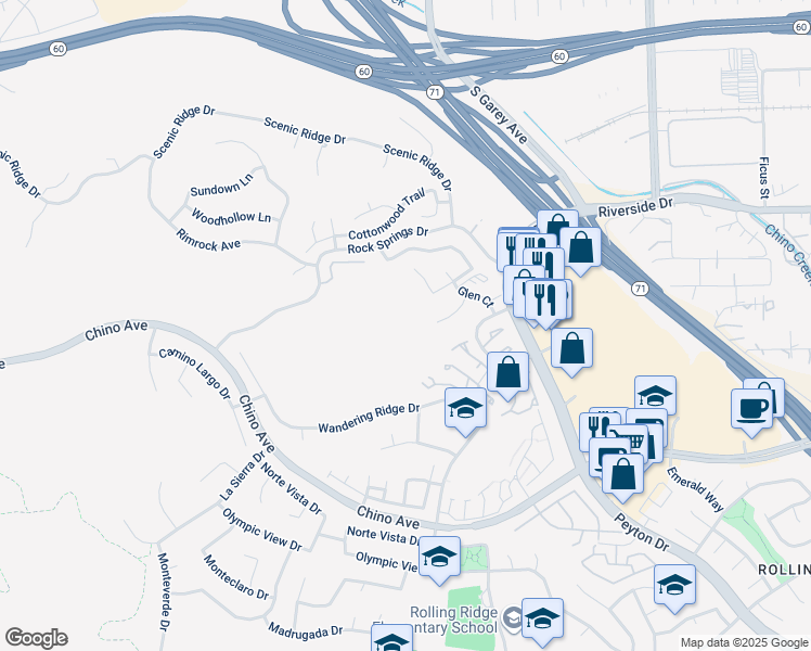 map of restaurants, bars, coffee shops, grocery stores, and more near Unnamed Road in Chino Hills