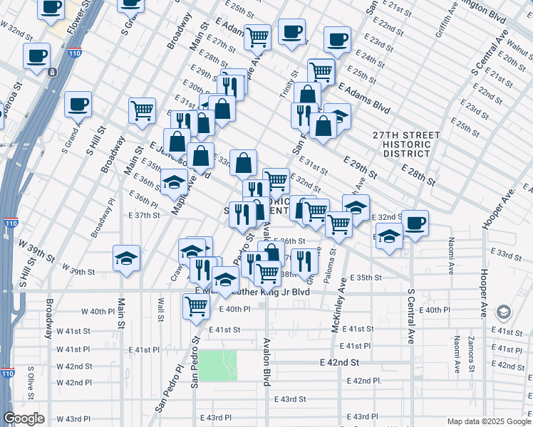 map of restaurants, bars, coffee shops, grocery stores, and more near 540 East Jefferson Boulevard in Los Angeles