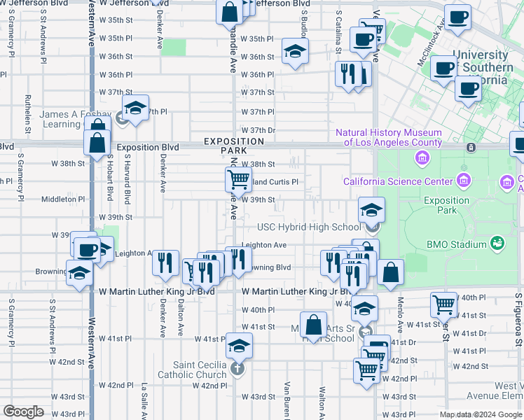 map of restaurants, bars, coffee shops, grocery stores, and more near 1252 West 39th Street in Los Angeles