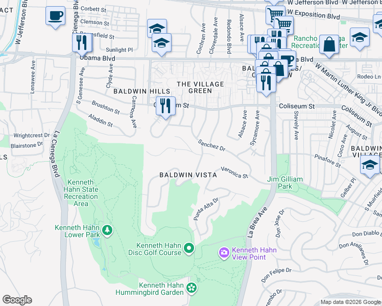 map of restaurants, bars, coffee shops, grocery stores, and more near 3903 South Cloverdale Avenue in Los Angeles