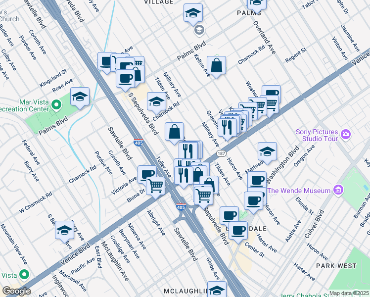 map of restaurants, bars, coffee shops, grocery stores, and more near 3703 South Bentley Avenue in Los Angeles