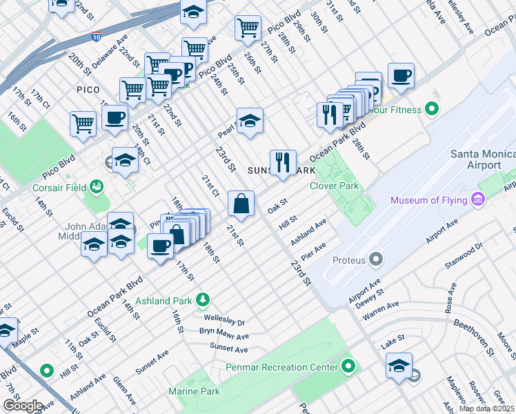 map of restaurants, bars, coffee shops, grocery stores, and more near 2318 Ocean Park Place South in Santa Monica