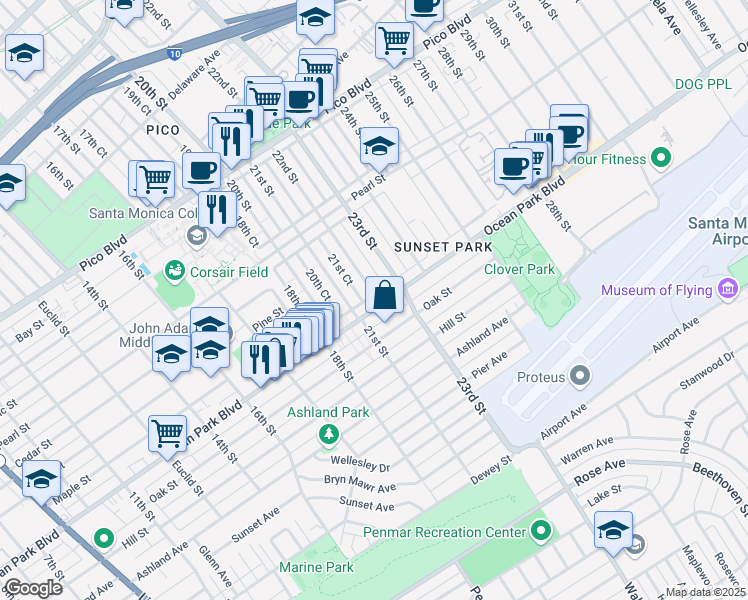 map of restaurants, bars, coffee shops, grocery stores, and more near 2217 Ocean Park Place North in Santa Monica