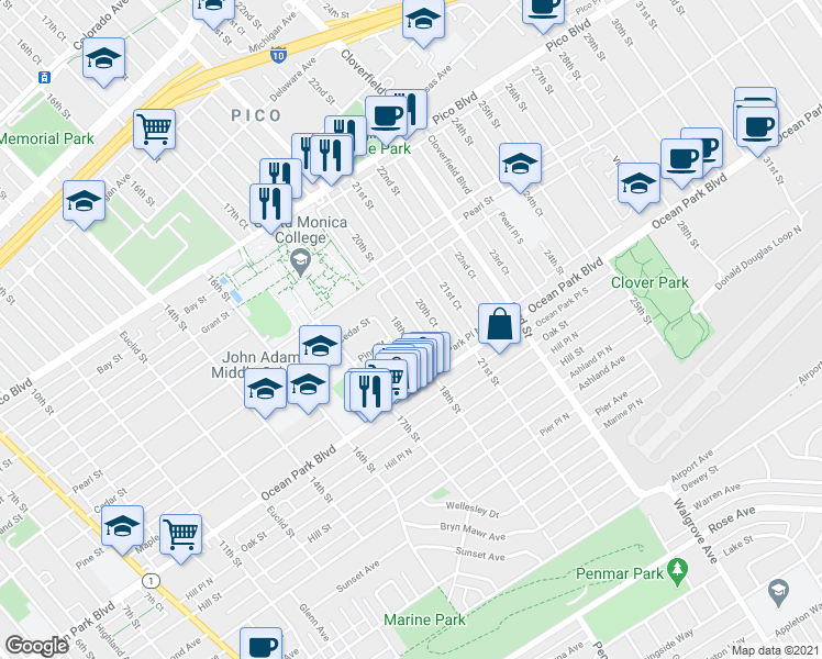 map of restaurants, bars, coffee shops, grocery stores, and more near 2419 20th Street in Santa Monica
