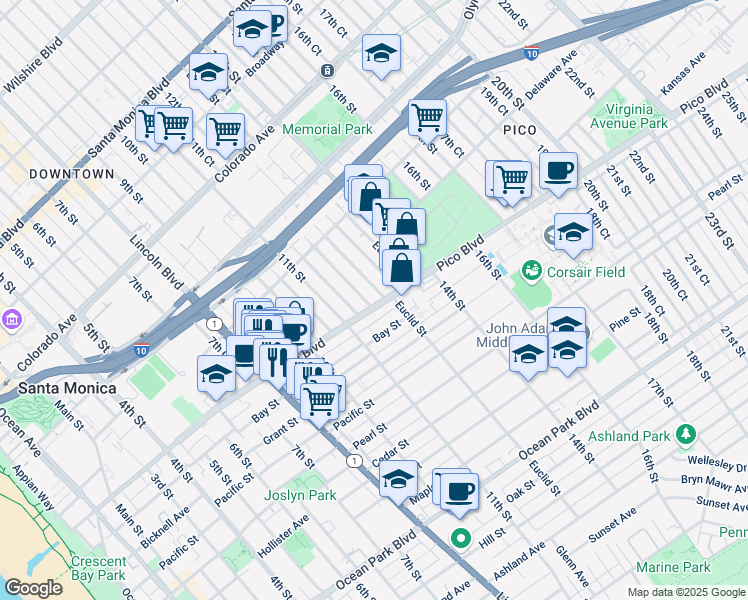 map of restaurants, bars, coffee shops, grocery stores, and more near 1923 12th Street in Santa Monica