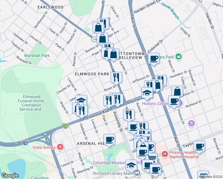 map of restaurants, bars, coffee shops, grocery stores, and more near 1127 Bryan Street in Columbia
