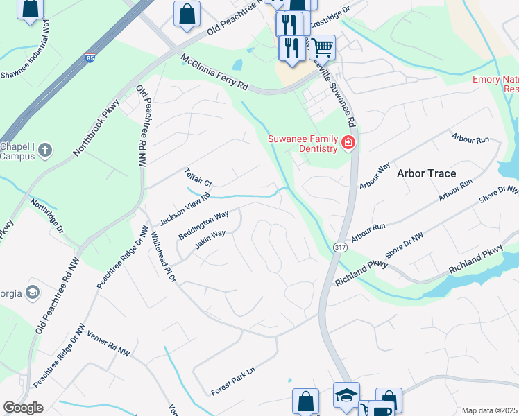map of restaurants, bars, coffee shops, grocery stores, and more near 2849 Beddington Way in Suwanee