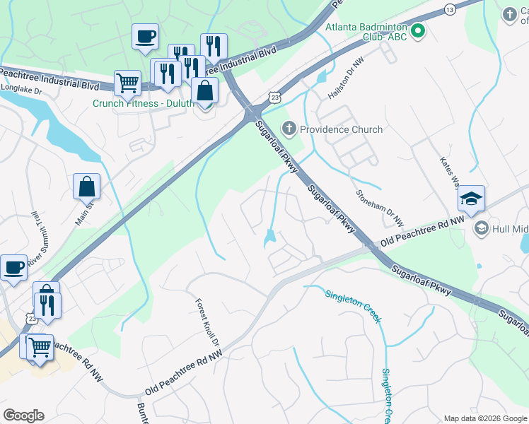 map of restaurants, bars, coffee shops, grocery stores, and more near 3663 Terrah Point Drive in Duluth