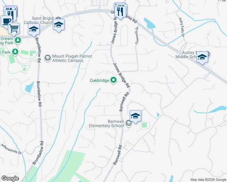 map of restaurants, bars, coffee shops, grocery stores, and more near 550 Oak Bridge Trail in Alpharetta