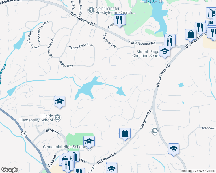 map of restaurants, bars, coffee shops, grocery stores, and more near 9050 Nesbit Lakes Drive in Alpharetta