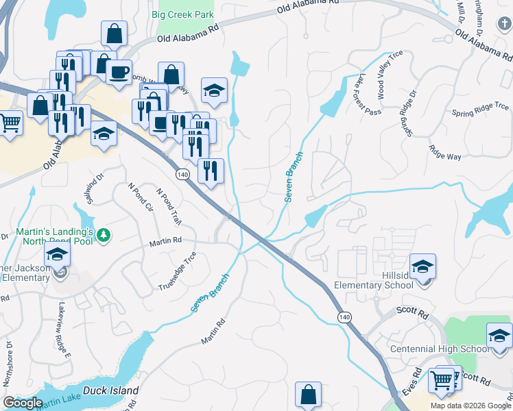 map of restaurants, bars, coffee shops, grocery stores, and more near 1075 Terramont Drive in Roswell