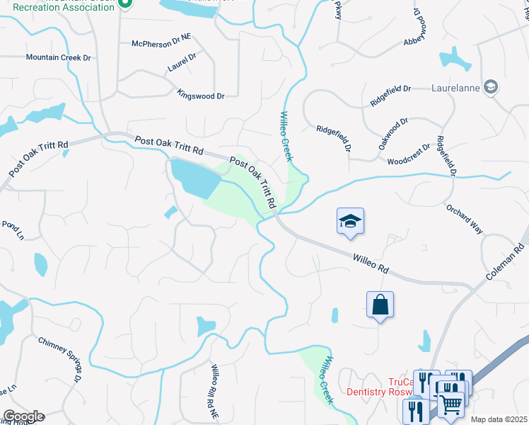 map of restaurants, bars, coffee shops, grocery stores, and more near 5120 Post Oak Tritt Road in Roswell