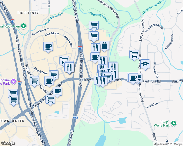 map of restaurants, bars, coffee shops, grocery stores, and more near 178 Roberts Trail in Marietta