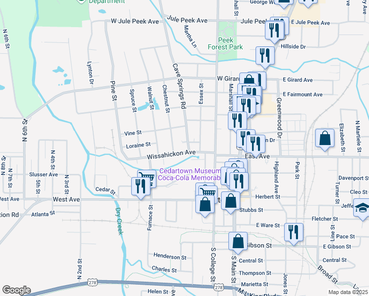 map of restaurants, bars, coffee shops, grocery stores, and more near 109 North Cave Spring Street in Cedartown