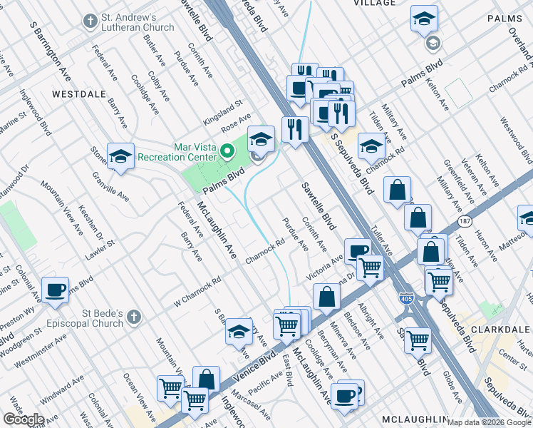 map of restaurants, bars, coffee shops, grocery stores, and more near 3520 Butler Avenue in Los Angeles