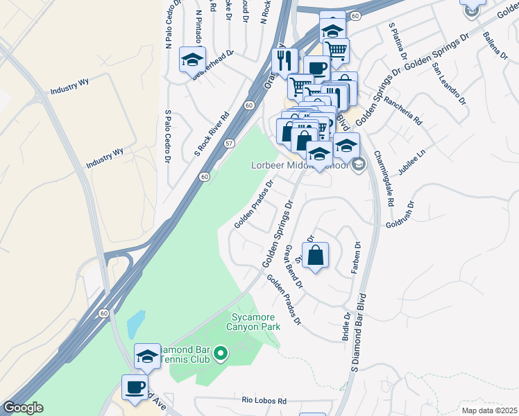 map of restaurants, bars, coffee shops, grocery stores, and more near 23203 Golden Crown Circle in Diamond Bar