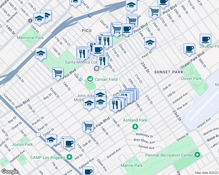 map of restaurants, bars, coffee shops, grocery stores, and more near 1711 Cedar Street in Santa Monica