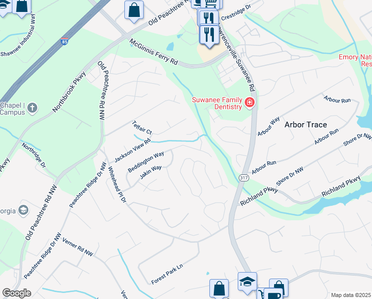 map of restaurants, bars, coffee shops, grocery stores, and more near 2849 Beddington Way in Suwanee
