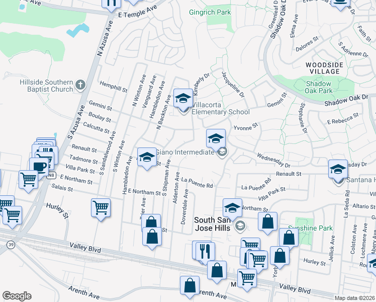 map of restaurants, bars, coffee shops, grocery stores, and more near 17955 Wellford Drive in La Puente