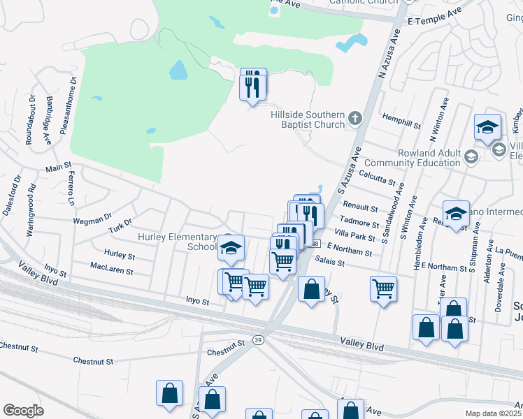 map of restaurants, bars, coffee shops, grocery stores, and more near 17345 Villa Park Street in La Puente