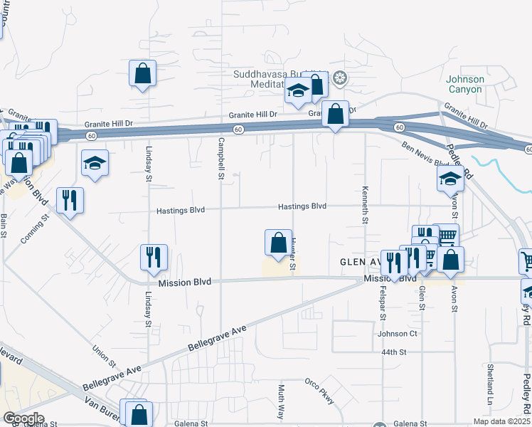 map of restaurants, bars, coffee shops, grocery stores, and more near 9468 Hastings Boulevard in Riverside