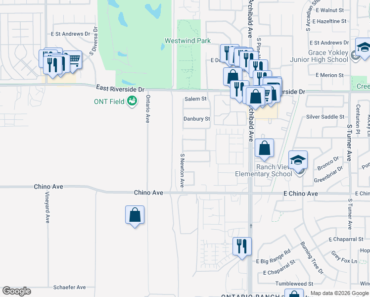 map of restaurants, bars, coffee shops, grocery stores, and more near 2443 East Lewiston Street in Ontario