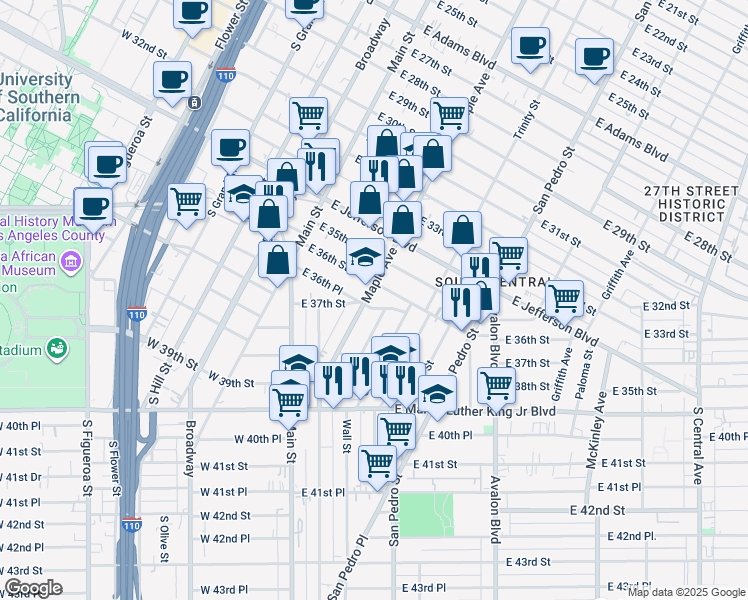 map of restaurants, bars, coffee shops, grocery stores, and more near 3601 Maple Avenue in Los Angeles
