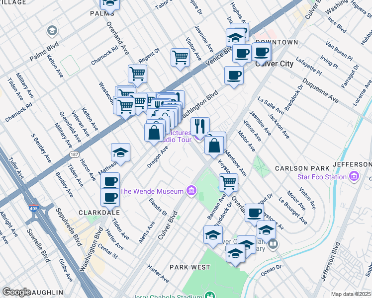 map of restaurants, bars, coffee shops, grocery stores, and more near 3995 Overland Avenue in Culver City