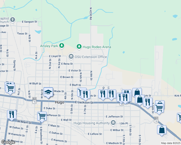 map of restaurants, bars, coffee shops, grocery stores, and more near 702 North 8th Street in Hugo