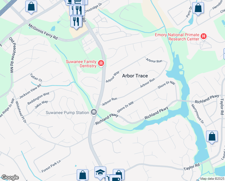 map of restaurants, bars, coffee shops, grocery stores, and more near 2495 Hammock Court in Suwanee