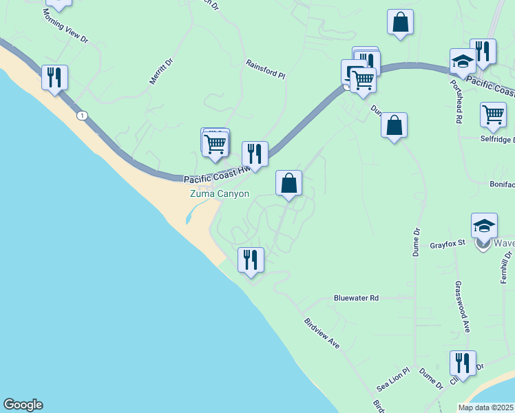 map of restaurants, bars, coffee shops, grocery stores, and more near 29500 Heathercliff Road in Malibu