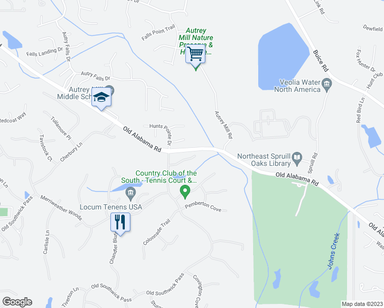 map of restaurants, bars, coffee shops, grocery stores, and more near 55 Dover Cliff Way in Alpharetta