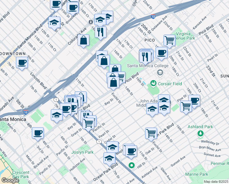 map of restaurants, bars, coffee shops, grocery stores, and more near in Santa Monica